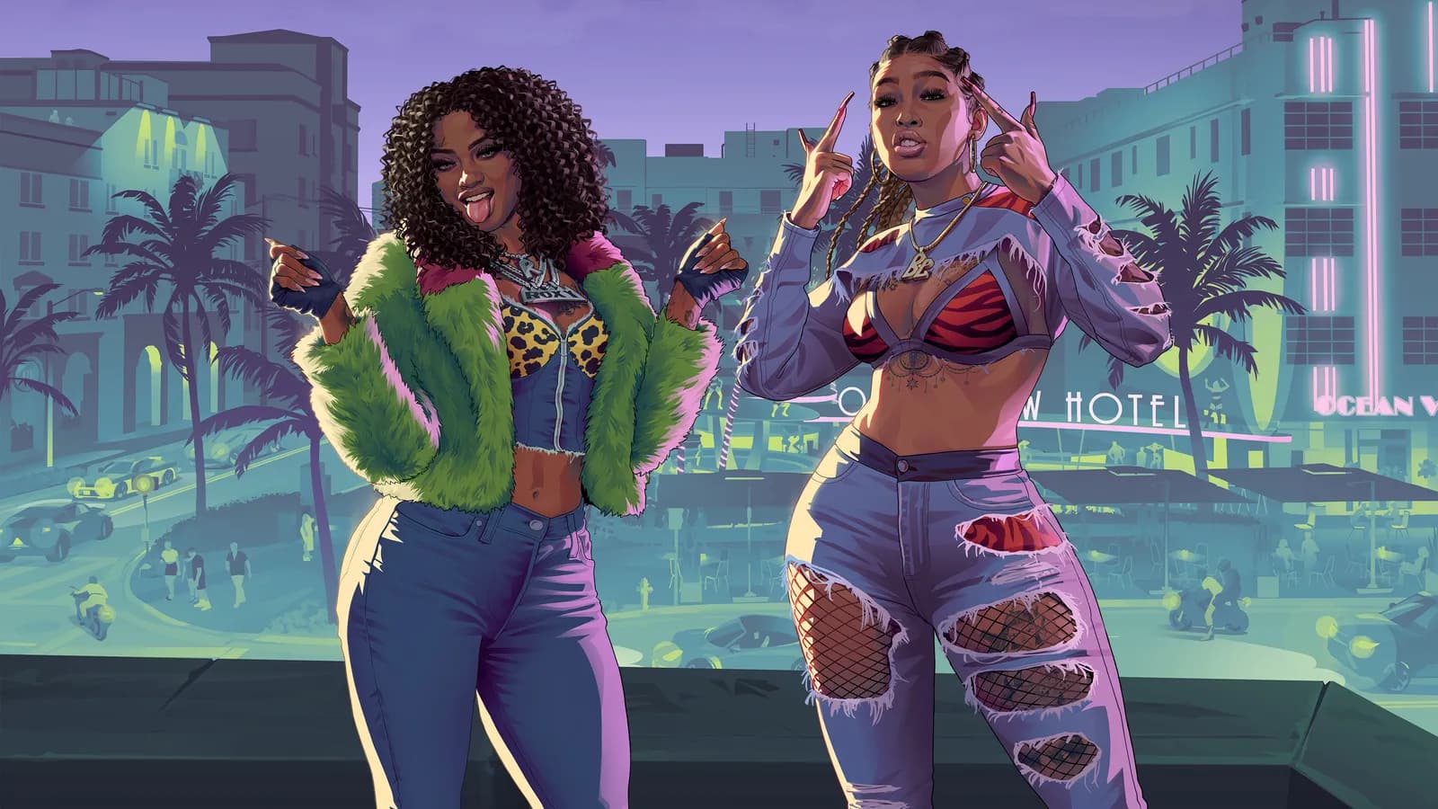 Official GTA VI key art of the rap duo Real Dimez, Bae-Luxe and Roxy