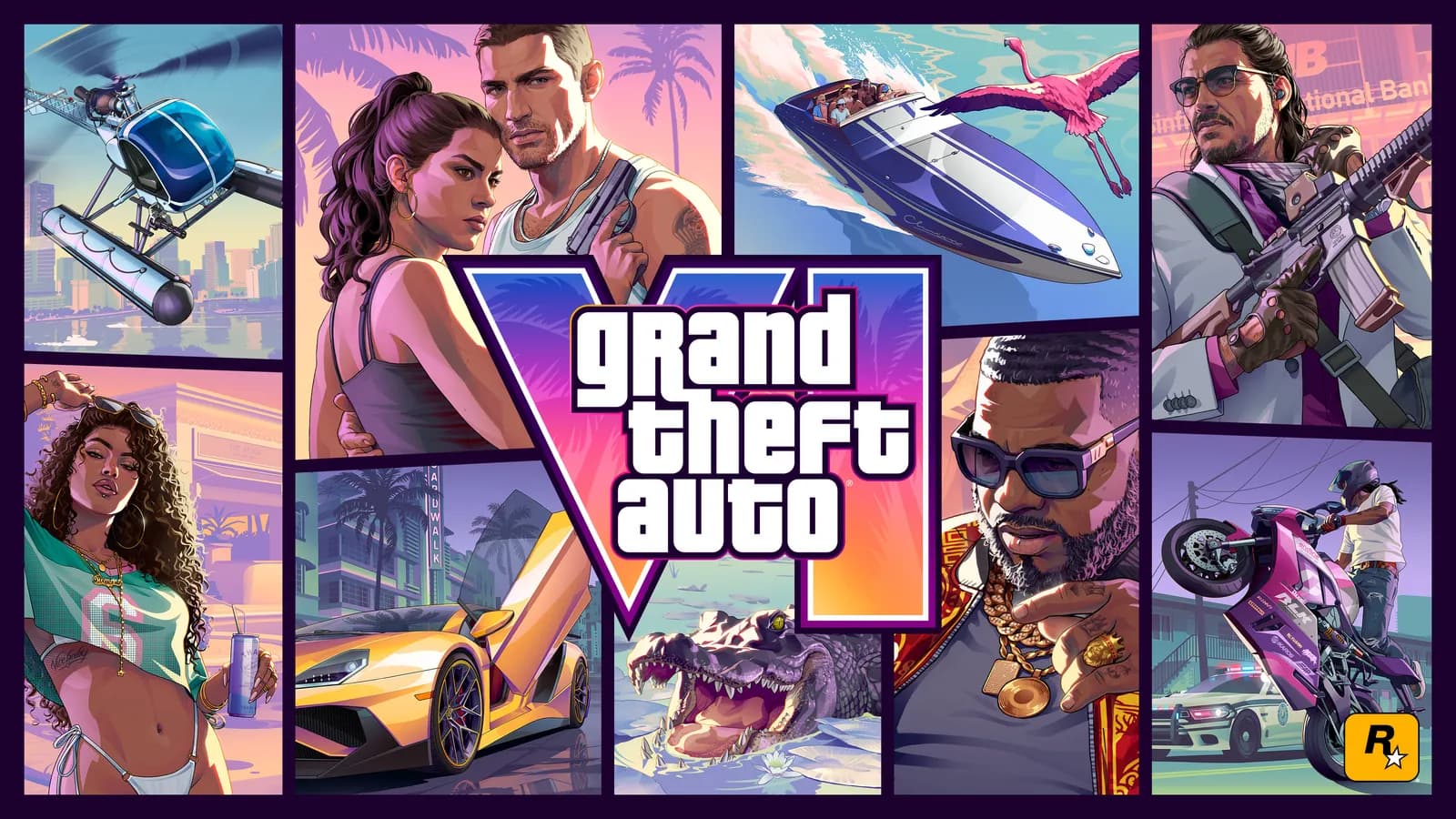 Official Grand Theft Auto VI key art featuring Jason, Lucia, and Vice City